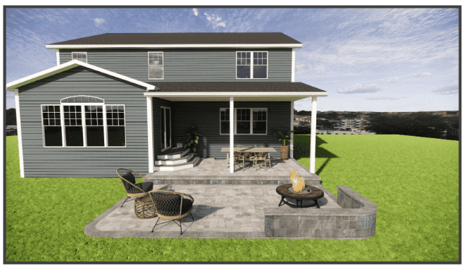 Visualization of paver patio and fire pit on rear of home