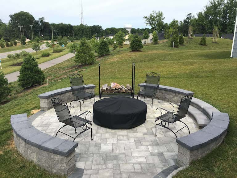 Gray and black fire pit seating area